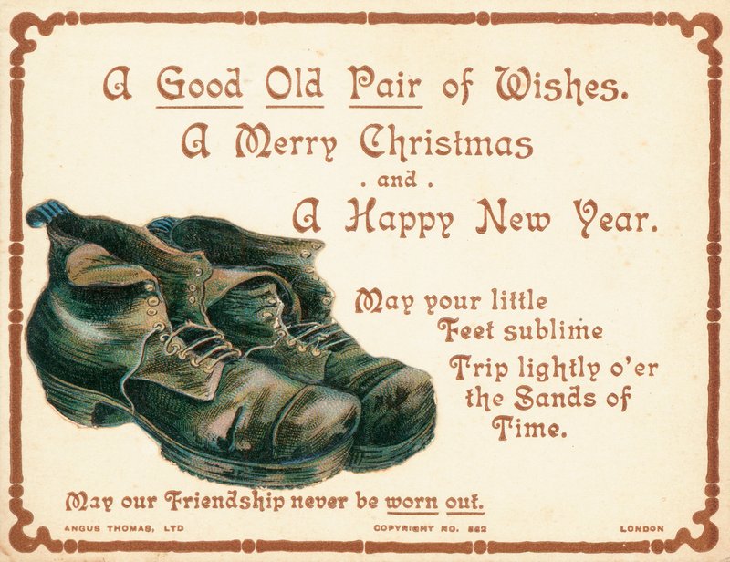 Oud paar laarzen, kerstkaart door English School