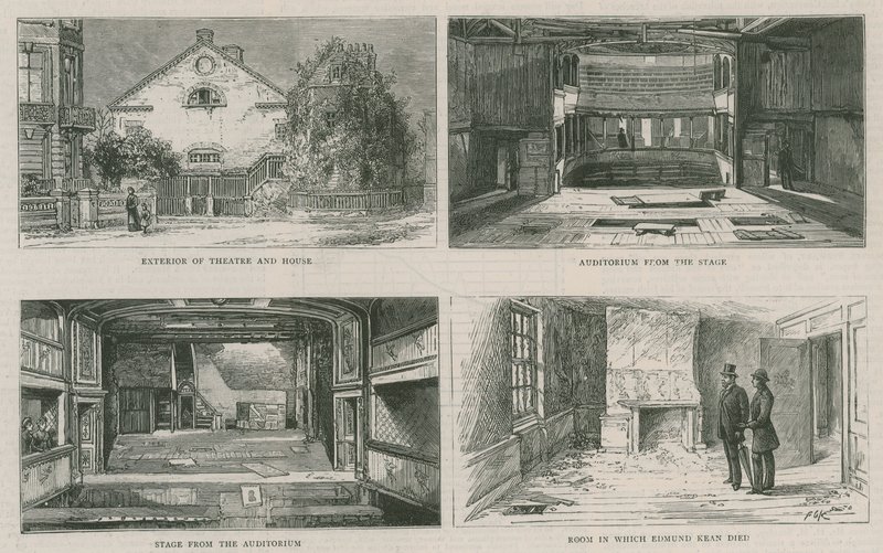 Oude Richmond Theatre en het huis van Edmund Kean, nu gesloopt door English School