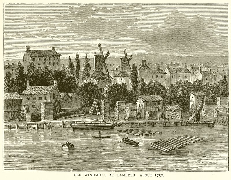 Oude Windmolens in Lambeth, rond 1750 door English School