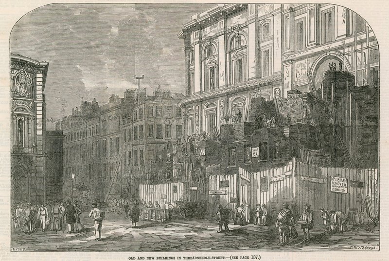 Oude en nieuwe gebouwen in Threadneedle Street, Londen door English School