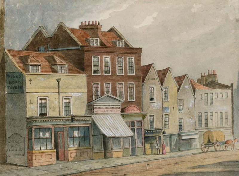 Oude huizen in Upper Street, Islington, tegenover de Kerk door English School