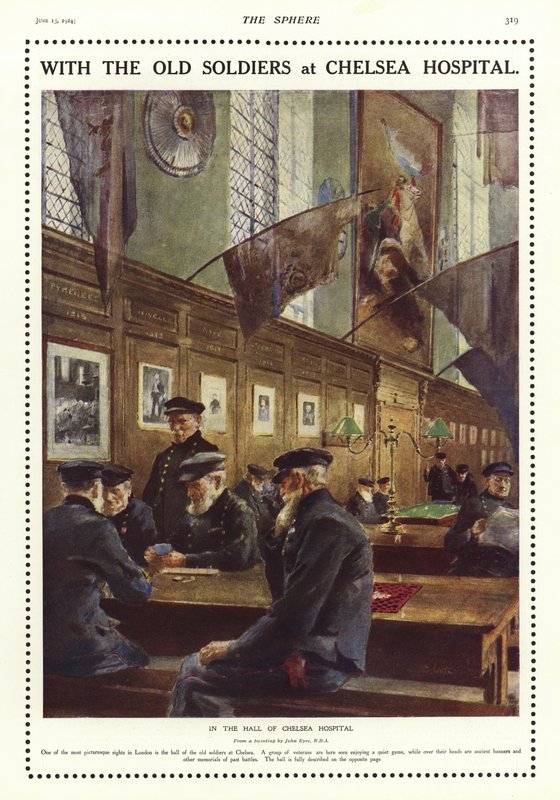 Oude soldaten in de hal van het Chelsea Hospital, Londen door English School