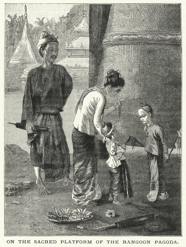 Op het heilige platform van de Rangoon Pagoda (gravure) door English School