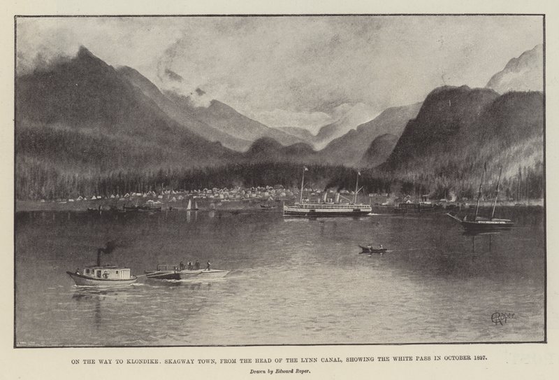 Op Weg naar Klondike, Skagway Town, vanaf het Hoofd van het Lynn Kanaal, met Uitzicht op de White Pass in Oktober 1897 door English School