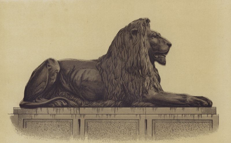 Een van de leeuwenbeelden van Trafalgar Square, Londen door English School