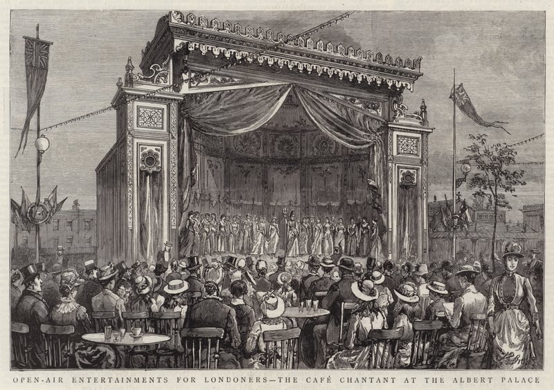 Openluchtentertainment voor Londenaren, het Café Chantant in het Albert Palace door English School