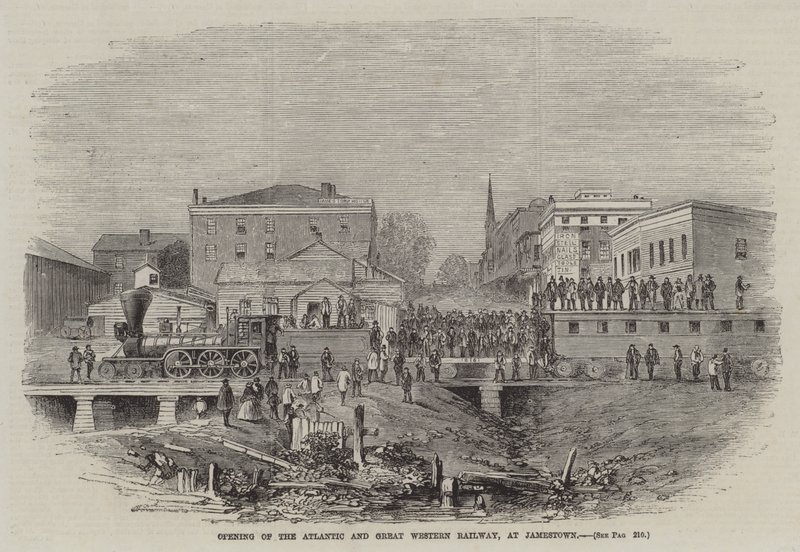 Opening van de Atlantic and Great Western Railway in Jamestown (gravure) door English School