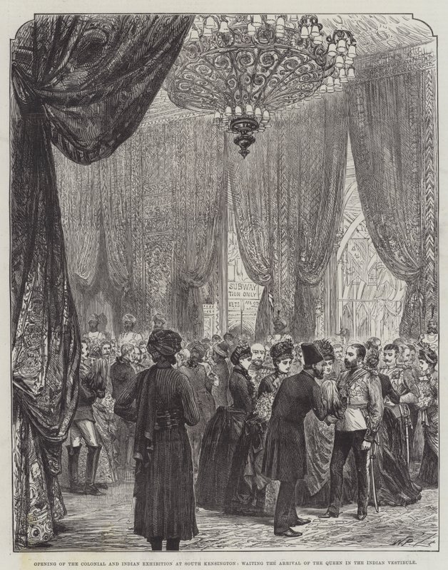Opening van de Koloniale en Indiase Tentoonstelling in South Kensington, wachtend op de aankomst van de koningin in de Indiase vestibule door English School