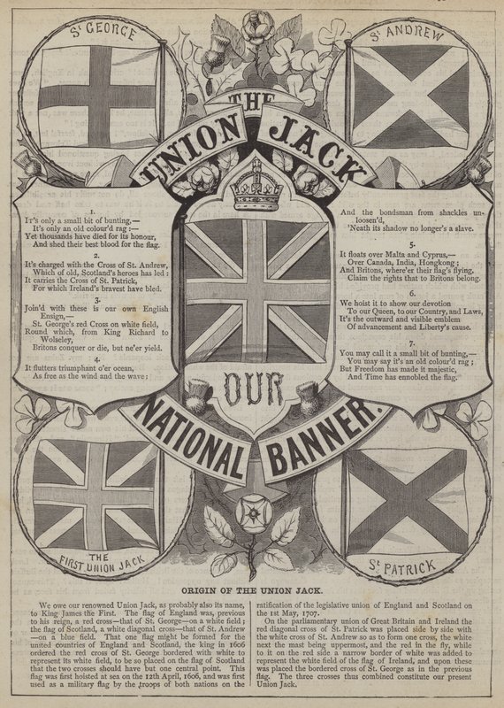 Oorsprong van de Union Jack (gravure) door English School