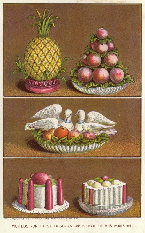 Siermallen voor het maken van ijsvormen in de vorm van een ananas, perziken en twee duiven door English School