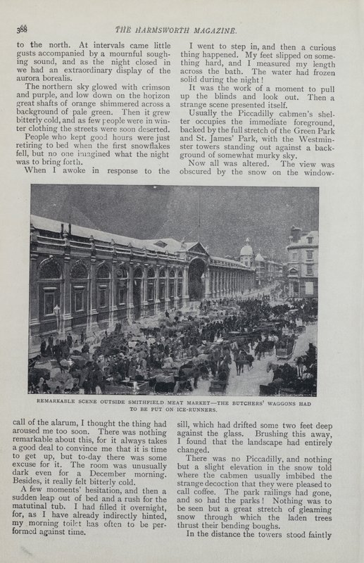 Pagina uit tijdschriftartikel over een denkbeeldig ingesneeuwd Londen door English School