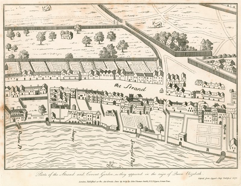 Een deel van de Strand en Covent Garden, Londen, zoals ze verschenen in het bewind van koningin Elizabeth door English School