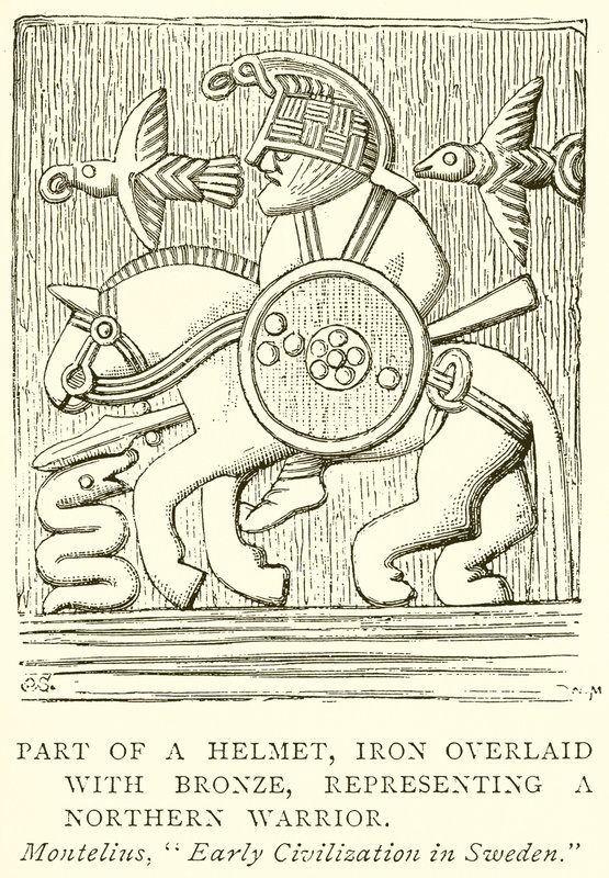 Deel van een helm, ijzer bedekt met brons, voorstellende een noordelijke krijger (gravure) door English School