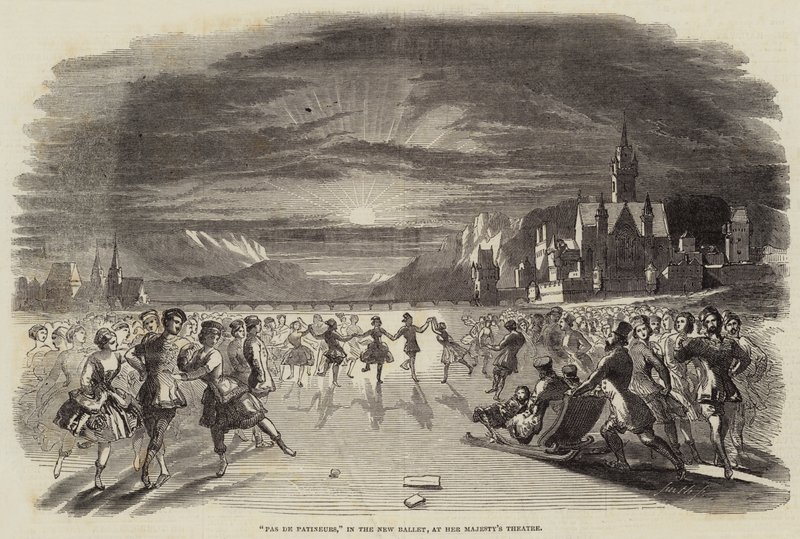 "Pas de Patineurs," in het nieuwe ballet, in het theater van Hare Majesteit (gravure) door English School