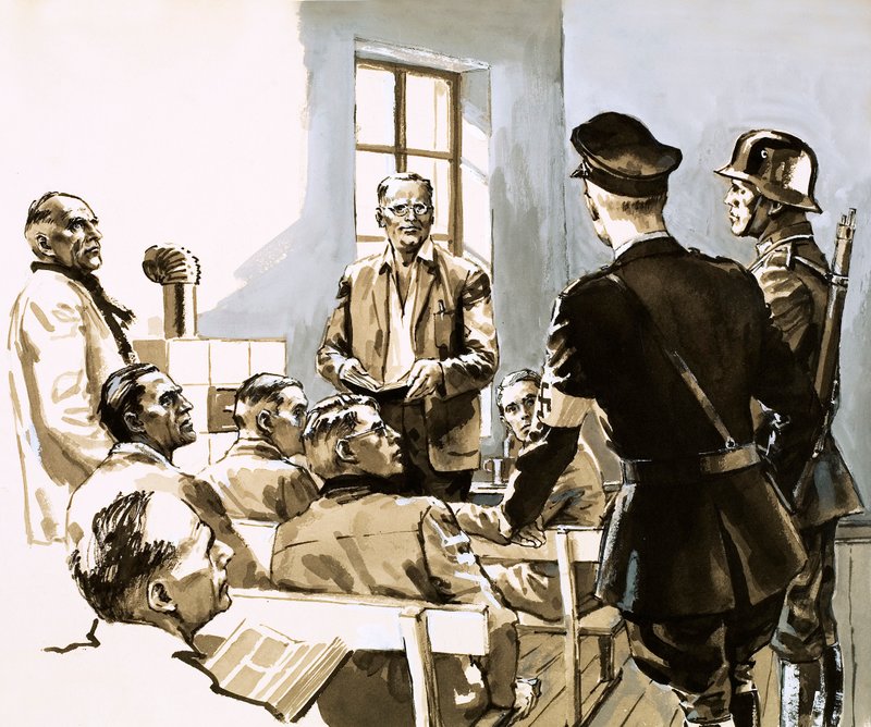 Pastor Dietrich Bonhoeffer spreekt zich uit tegen Hitlers nazi-partij (gouache op papier) door English School