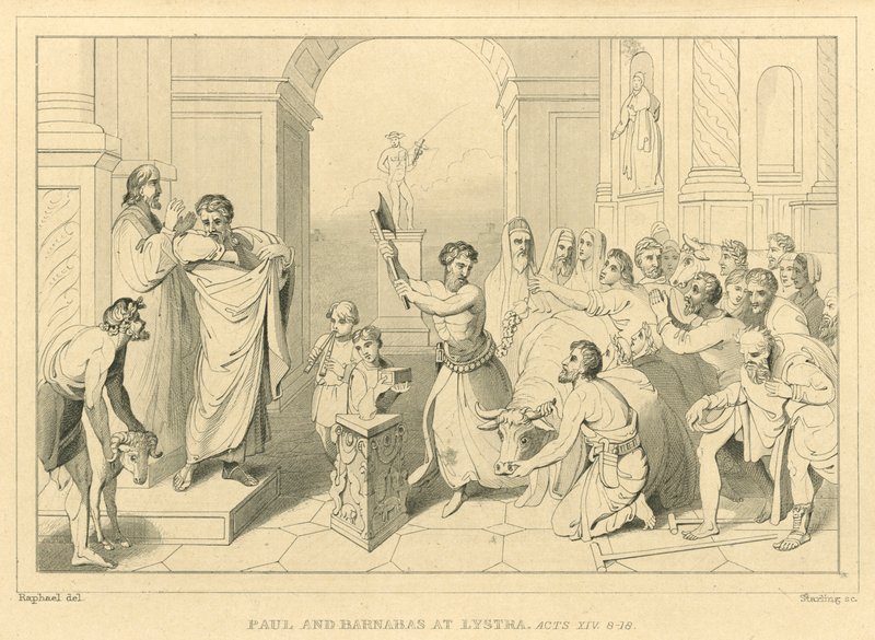 Paulus en Barnabas in Lystra, Handelingen XIV, 8-18 door English School