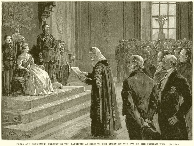 Peers en Commoners presenteren het Patriottische adres aan de Koningin aan de vooravond van de Krimoorlog door English School