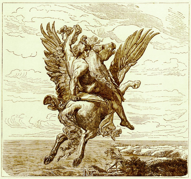 Perseus op het gevleugelde paard Pegasus, met het hoofd van Medusa, illustratie uit De Geïllustreerde Geschiedenis van de Wereld, gepubliceerd ca. 1880 door English School