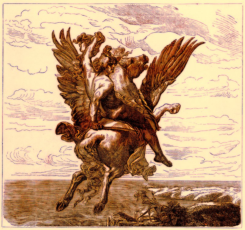 Perseus op het gevleugelde paard Pegasus, met het hoofd van Medusa, illustratie uit De Geïllustreerde Geschiedenis van de Wereld, gepubliceerd ca. 1880 door English School