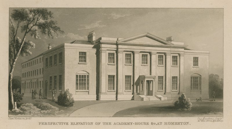 Perspectivische elevatie van het Academiehuis in Homerton door English School
