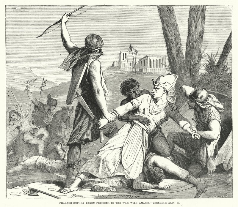 Farao-Hophra gevangen genomen in de oorlog met Amasis, Jeremia XLIV, 30 (gravure) door English School