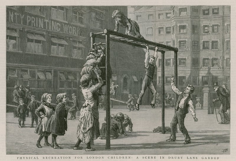 Fysieke recreatie voor Londense kinderen: Een scène in Drury Lane Garden door English School