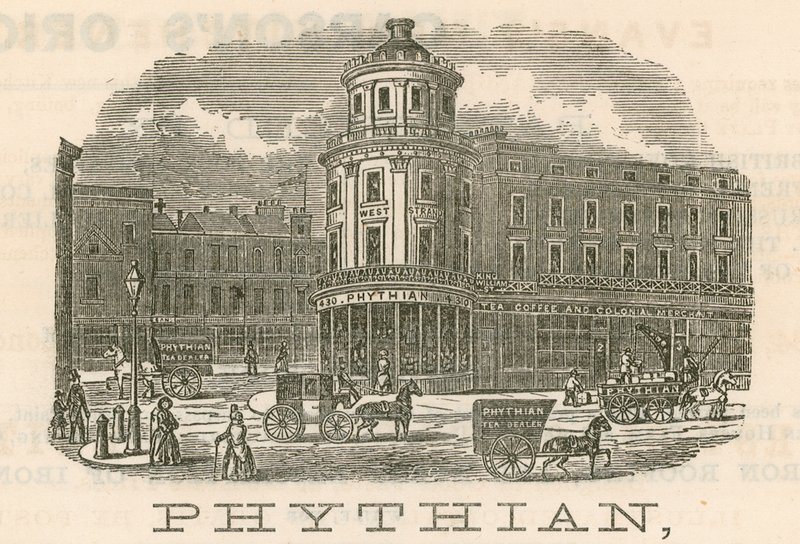 Phythian, groothandel en familie theedealer en buitenlandse magazijnhouder, 430 West Strand en 1-3 King William Street, Londen door English School