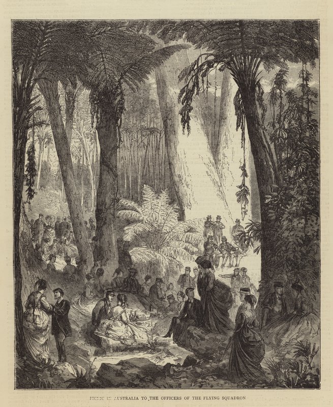 Picknick in Australië voor de officieren van het vliegende squadron (gravure) door English School