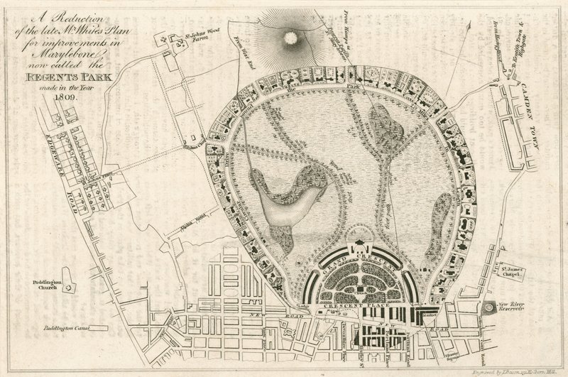 Plan voor verbeteringen in Marylebone, Londen, nu genaamd Regents Park, gemaakt in het jaar 1809 door English School