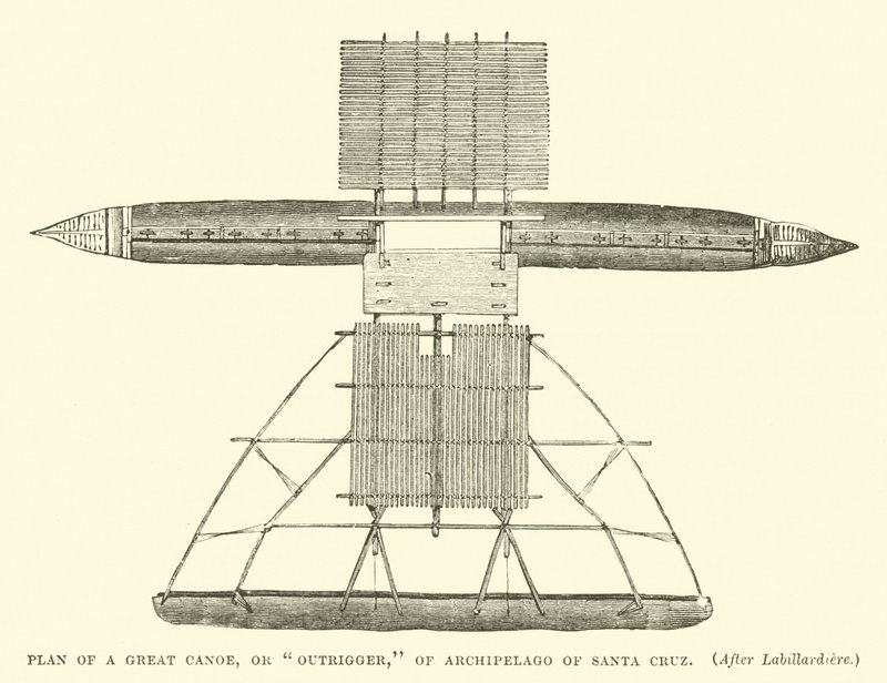 Plan van een grote kano, of outrigger, van de archipel van Santa Cruz, na Labillardiere door English School