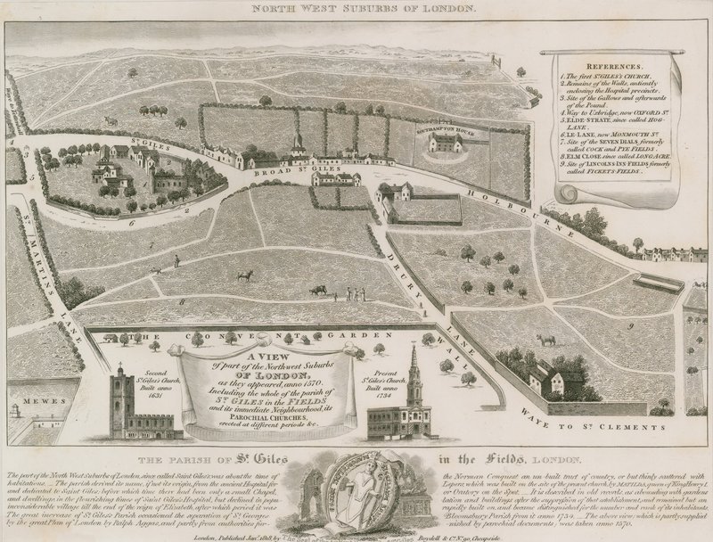 Plan van de noordwestelijke buitenwijken van Londen rond St Giles in the Fields door English School