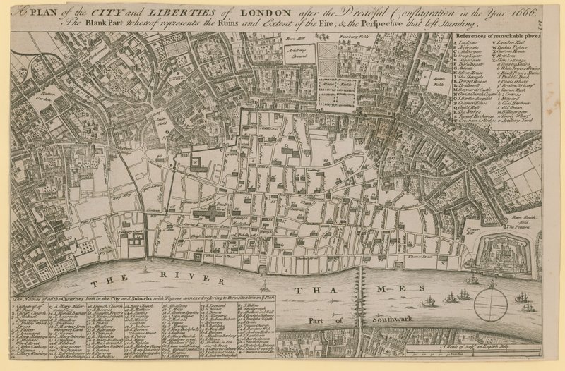 Plan van de stad en vrijheden van Londen na de verschrikkelijke brand in het jaar 1666 door English School