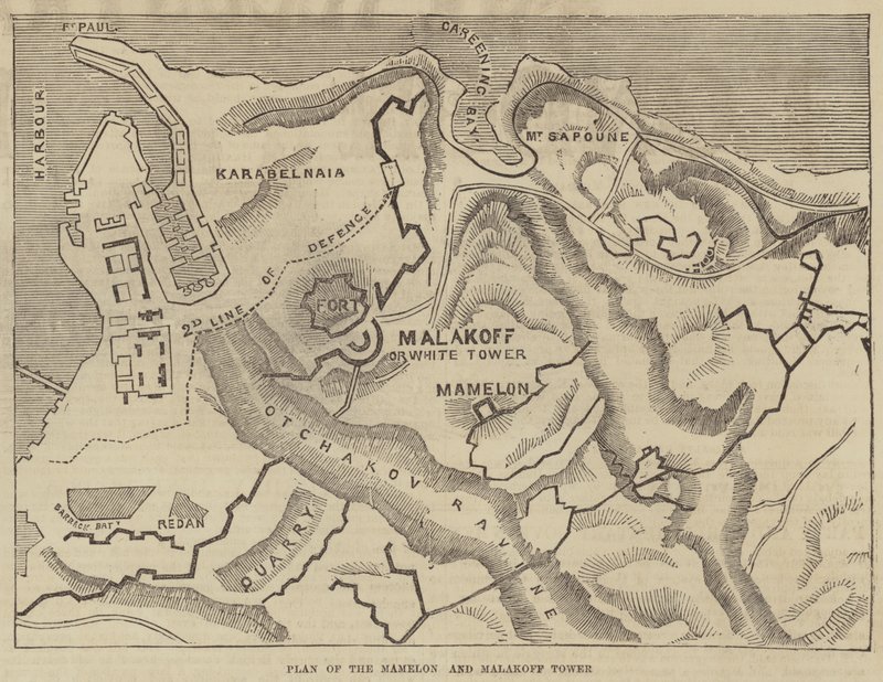Plan van de Mamelon en Malakoff Toren (gravure) door English School