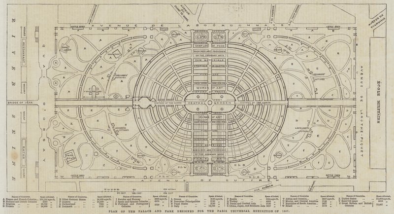 Plan van het Paleis en Park ontworpen voor de Universele Tentoonstelling van Parijs van 1867 door English School