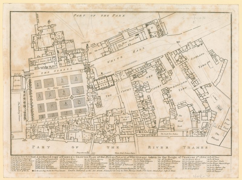 Plattegrond van het Paleis van Whitehall, genomen tijdens het bewind van Karel II, 1680 door English School