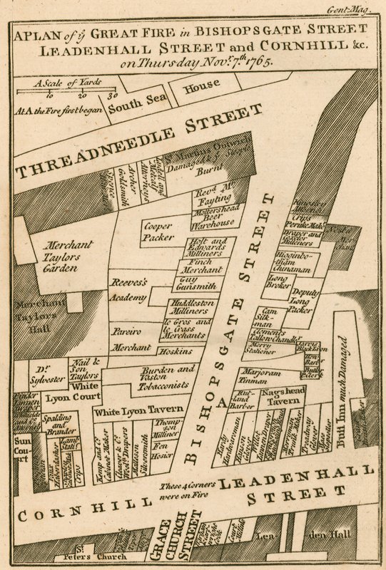 Plattegrond van de brand in Bishopsgate Street, Cornhill en Leadenhall Street, Londen, die begon op 7 november 1765 door English School