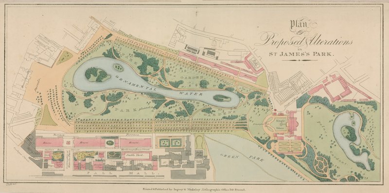 Plan van de voorgestelde wijzigingen in St Jamess Park, Londen door English School