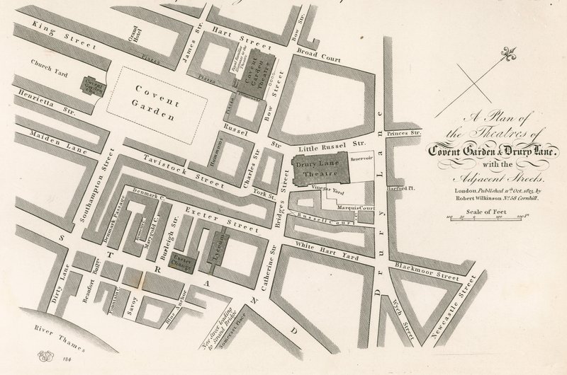 Plan van de theaters van Covent Garden, Londen door English School