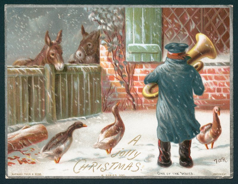 Trombone Spelen in de Sneeuw, Kerstkaart door English School