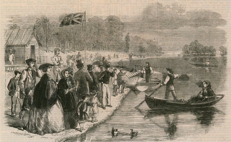Pleziervaartuigen op het water in Regents Park door English School