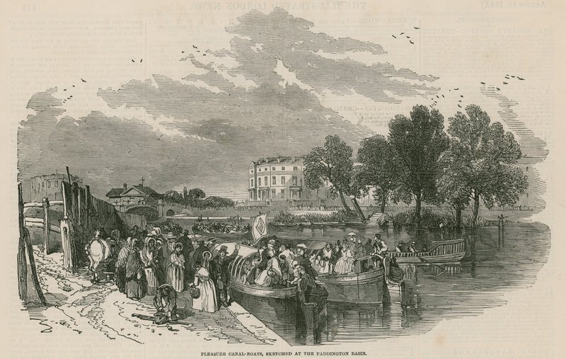 Pleziervaartuigen, geschetst bij het Paddington Basin, Regents Canal, Londen door English School