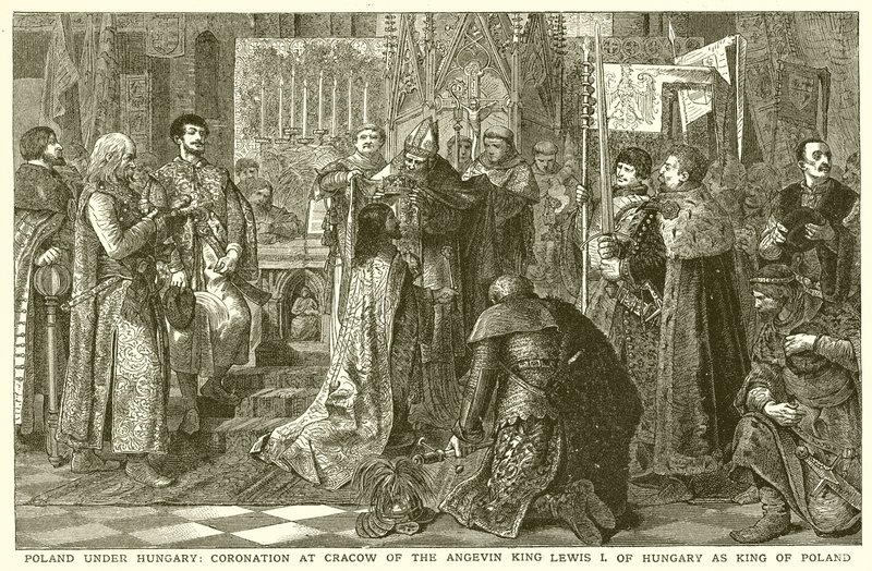 Polen onder Hongarije: Kroning in Krakau van de Anjou-koning Lodewijk I van Hongarije als koning van Polen door English School