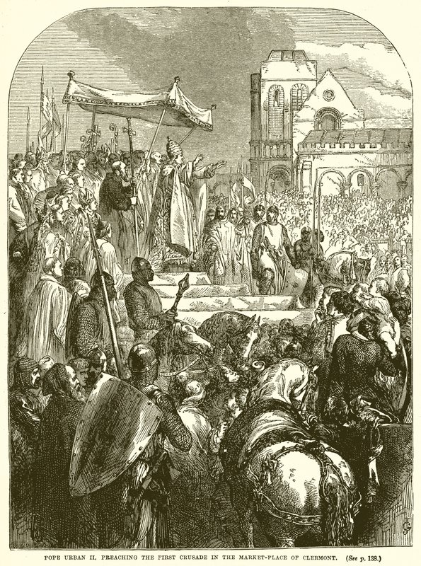 Paus Urbanus II predikt de Eerste Kruistocht op de markt van Clermont door English School