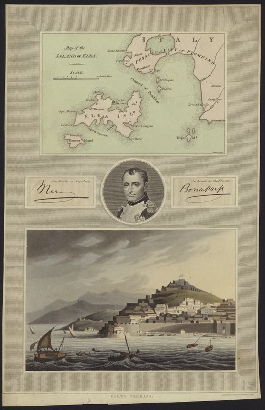 Portret van Napoleon Bonaparte met een kaart en een uitzicht op Elba door English School