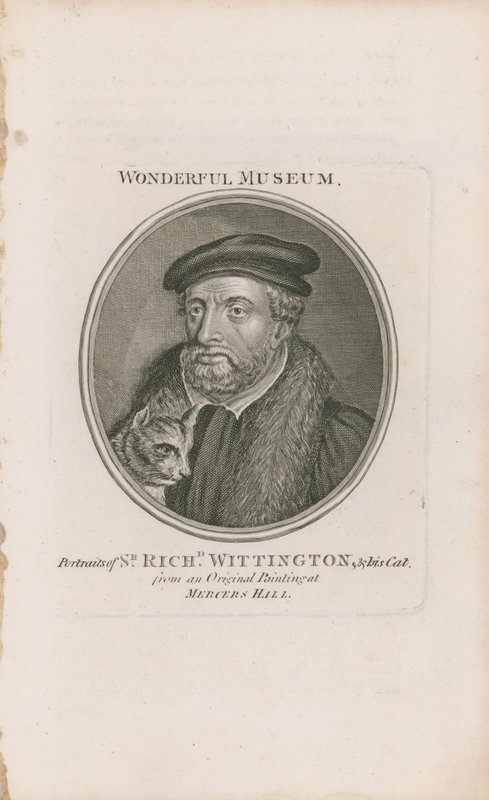 Portret van Sir Richard Whittington en zijn kat door English School
