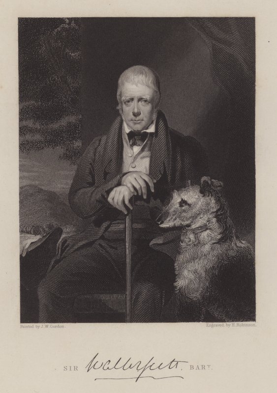 Portret van Sir Walter Scott, met hond (gravure) door English School