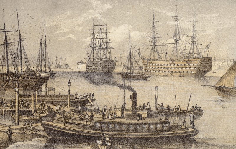 Haven van Portsmouth (gekleurde gravure) door English School