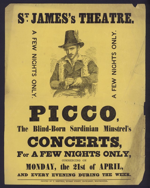Poster die concerten van Picco, een blinde Sardijnse minstreel, adverteert in St James