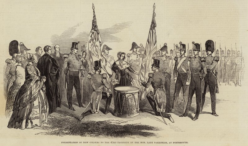 Presentatie van Nieuwe Kleuren aan het 43e Regiment door de Eerwaarde Lady Pakenham, in Portsmouth (gravure) door English School