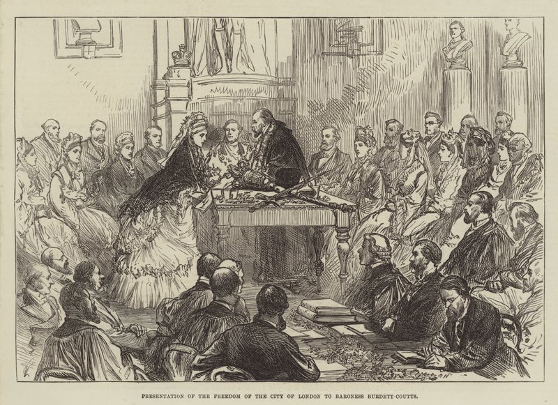 Overhandiging van de Vrijheid van de Stad Londen aan Barones Burdett-Coutts door English School